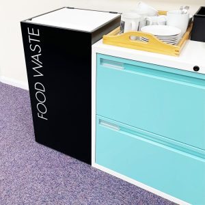 office recycling bin with hinged lid and Food Waste lettering