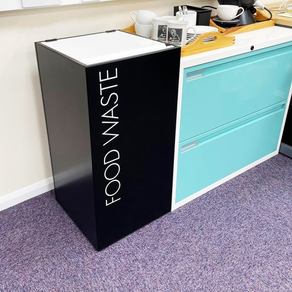 office recycling bin with enclosed lid with food waste lettering