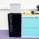 office recycling bin with hinged lid and food waste lettering