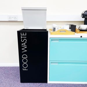 office recycling bin with hinged lid and food waste lettering