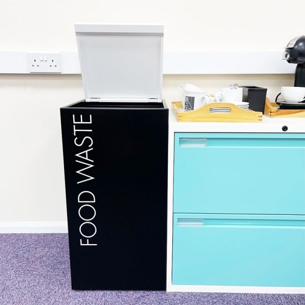 office recycling bin with hinged lid and food waste lettering