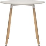 skandi style round table with white table top and beech leggs