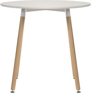 skandi style round table with white table top and beech leggs