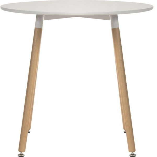 skandi style round table with white table top and beech leggs