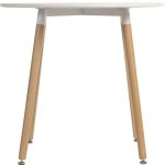 skandi style round table with white table top and beech leg frame