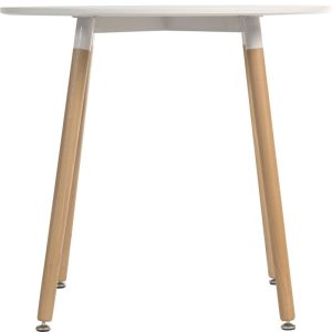 skandi style round table with white table top and beech leg frame