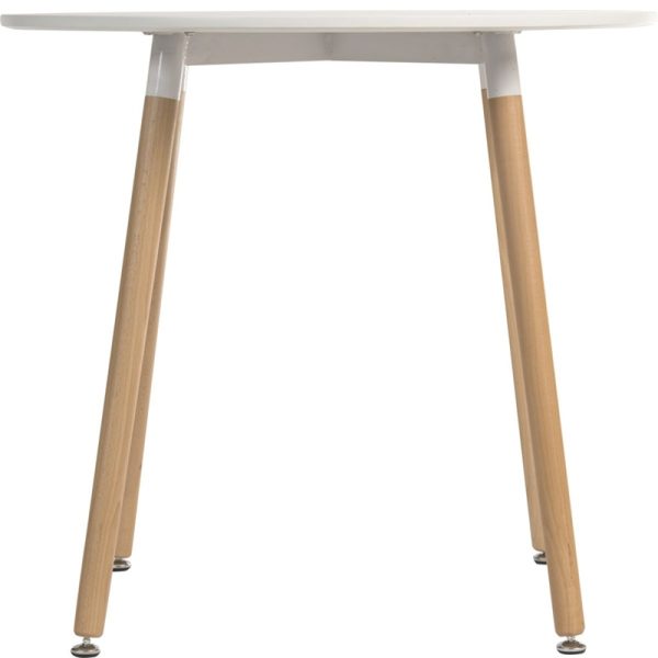 skandi style round table with white table top and beech leg frame
