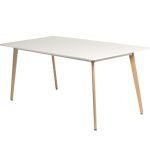 skandi style table with white table top and beech leg frame