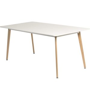 skandi style table with white table top and beech leg frame