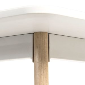 skandi style table close up of white table top and beech leg