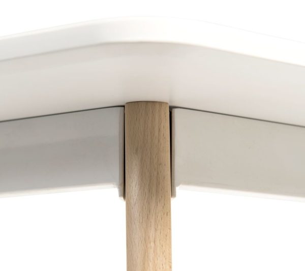 skandi style table close up of white table top and beech leg