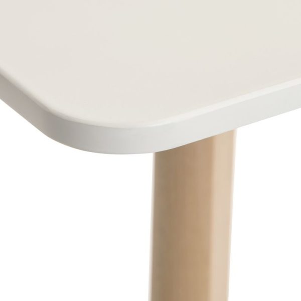 skandi style table close up of white table top and beech leg