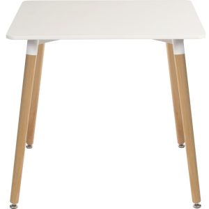 skandi style square table with white table top and beech legs