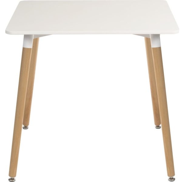 skandi style square table with white table top and beech legs
