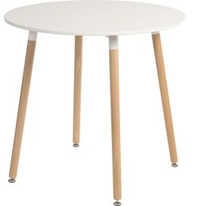 skandi style round table with white table top and beech legs