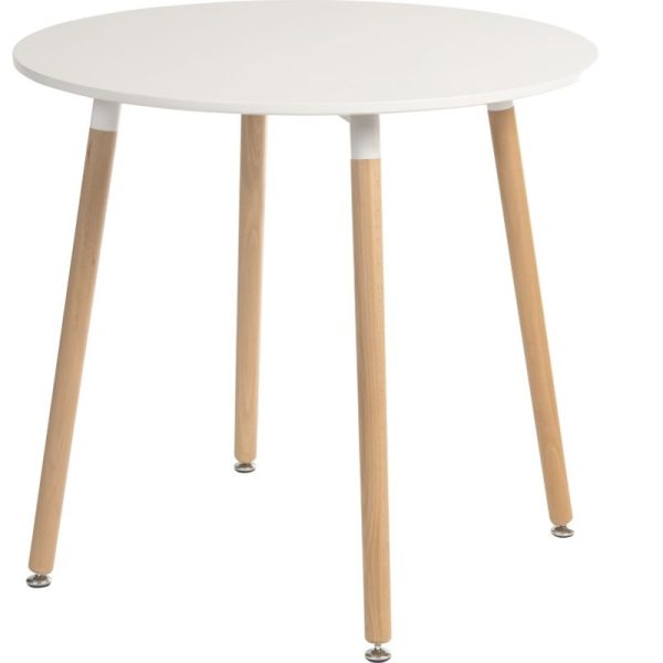 skandi style round table with white table top and beech legs