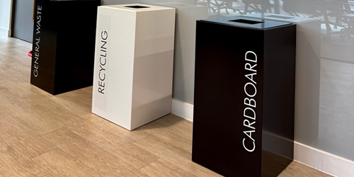 office recycling bin row of 3