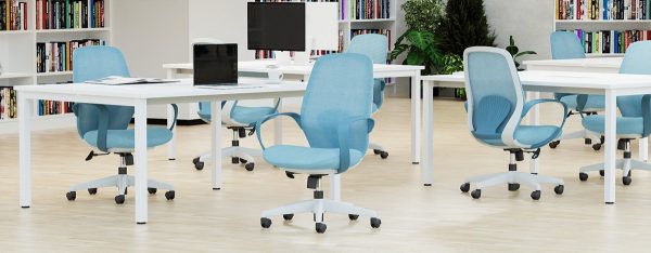 mesh back operator chair in blue in office