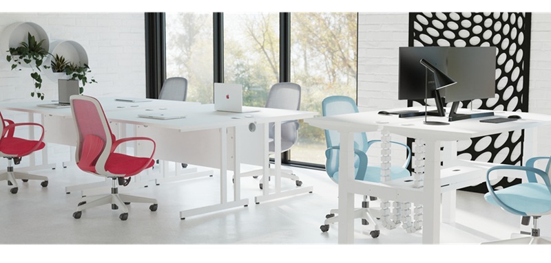 mesh back operator chair in blue, red and grey mesh in office
