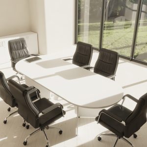 black executive office chair around a boardroom table