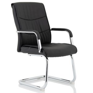 cantilever office visitors chair in black faux leather with chrome cantilever frame.