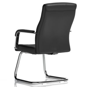 cantilever office visitors chair in black leather with chrome frame. back view