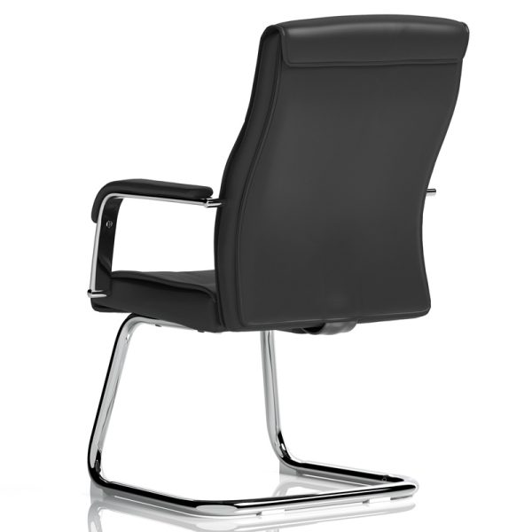cantilever office visitors chair in black leather with chrome frame. back view