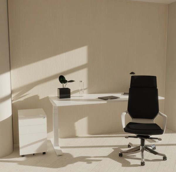 executive office chair in black fabric in front of white office desk