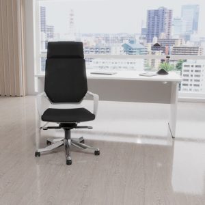 executive office chair in black fabric in office with city view