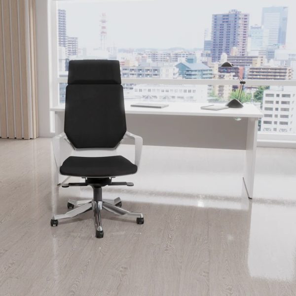 executive office chair in black fabric in office with city view