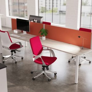 executive office chair in red fabric around office desk