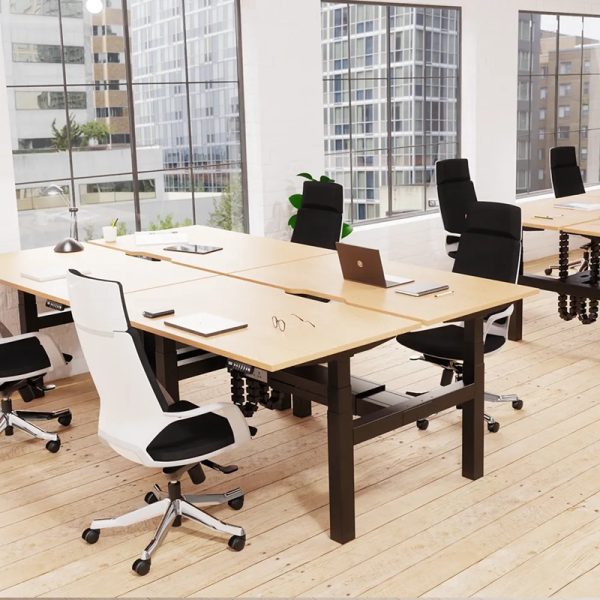executive high back office chair in black fabric around office desks