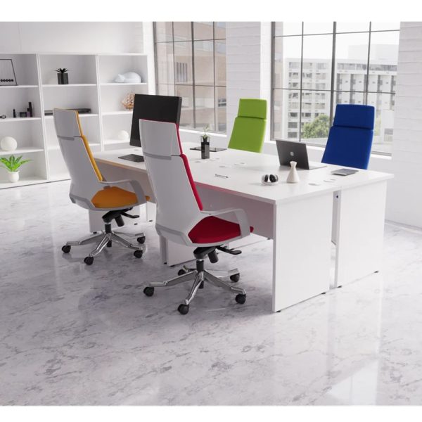 executive high back office chair in colourful fabrics around office desks