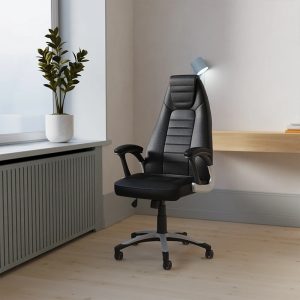 high back black leather executive office chair in front of office desk