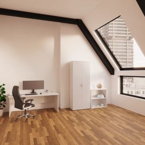 high back black leather executive office chair in home office with white office desk and cupboard