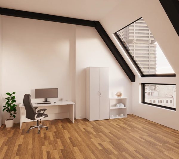 high back black leather executive office chair in home office with white office desk and cupboard