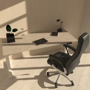 high back black leather executive office chair in front of grey height adjustable desk