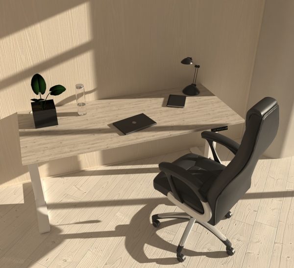 high back black leather executive office chair in front of grey height adjustable desk