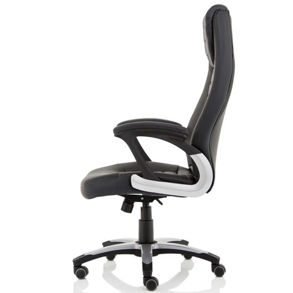 high back black leather executive office chair side view