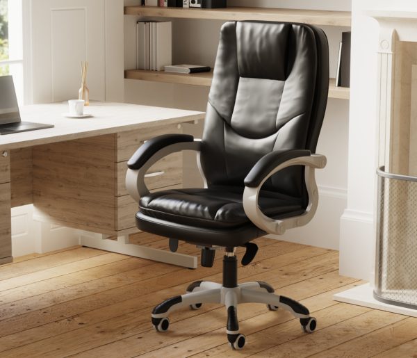 high back executive office chair in black leather in home office