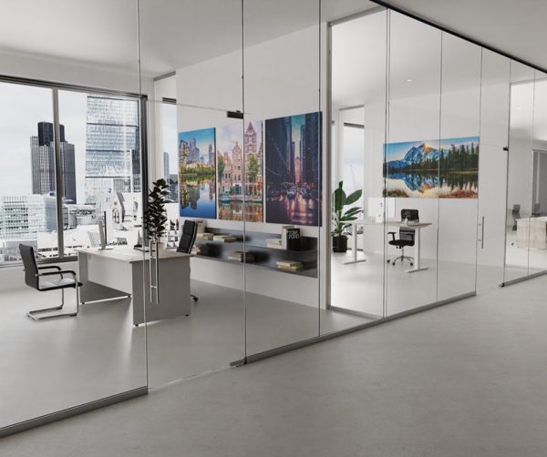 meeting chair in office with office desks and office chairs and glass partition walls
