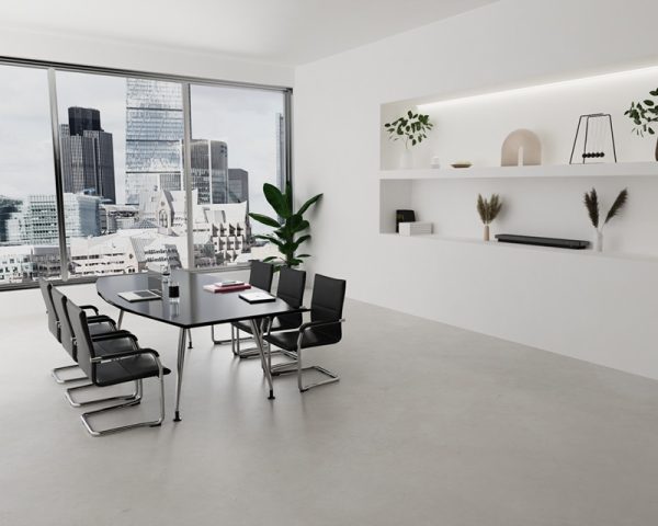 meeting chair in black leather with chrome cantilever frame around boardroom table with city view
