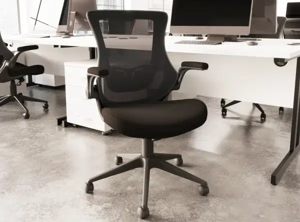 mesh back office chair by white office desk