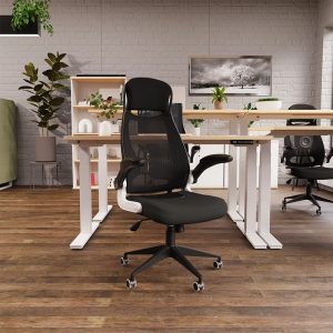 executive black office chair in office in front of office desk