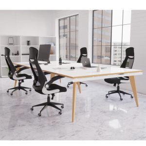 mesh back office chair black in office around meeting table.