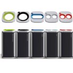 office recycling bins with coloured tops in a row