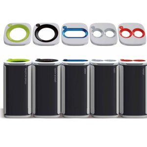 office recycling bins with coloured tops in a row