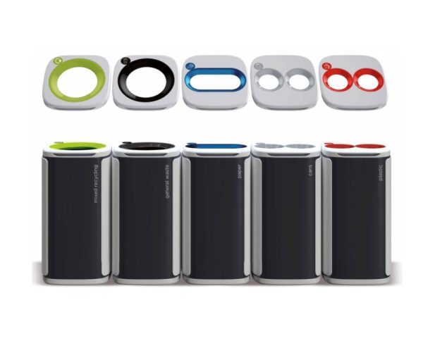 office recycling bins with coloured tops in a row