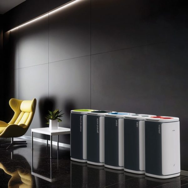 office recycling bins in a row in an office