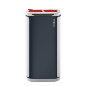office recycling bin with red top for plastics with 2 circular apertures